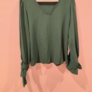 Cece  Olive Green and navy blue V-Neck Blouse with Tie Cuffs 2 pieces